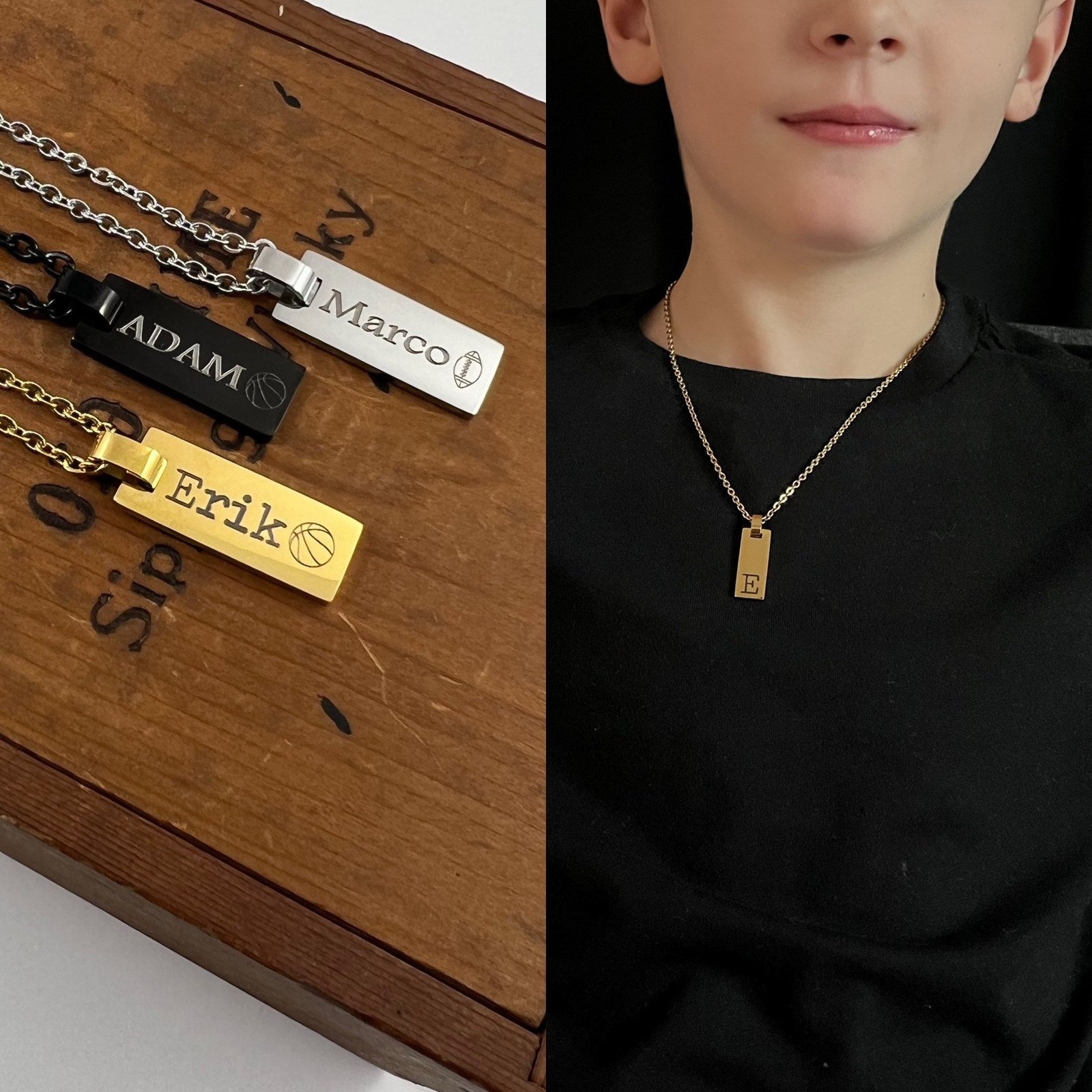 Custom Boys Name Necklace with Favorite Sports - Soccer Hockey Basketball Baseball Football Golf Motocross Pendant - Gift for Sports Teams Customized Name Necklace