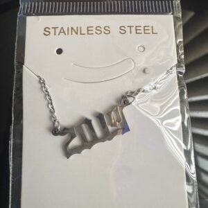 Birth year necklace in Old English numerals, silver-tone stainless steel, packaged