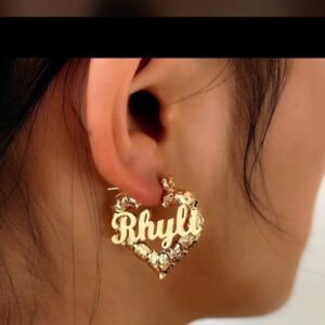 Custom name hoop earrings: gold heart hoop with a name, worn