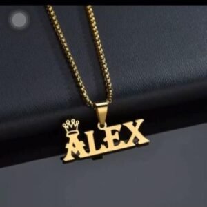 Gold nameplate necklace with a crown and the name Alex